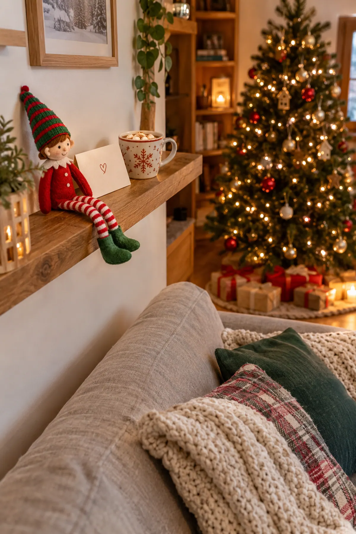 Elf on the shelf ideas: a handmade red felt felt elf doll with a striped knit hat sits on a kitchen shelf beside a note card and a mug of cocoa, Christmas tree lights glowing behind